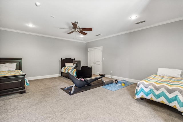 bedroom with light carpet, ceiling fan, and ornamental molding