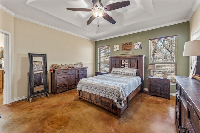 bedroom with multiple windows, a raised ceiling, ceiling fan, and ornamental molding