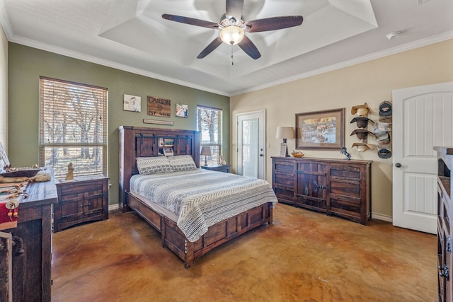 bedroom featuring ceiling fan, concrete floors, crown molding, and a tray ceiling