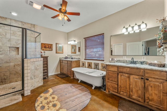 bathroom with ceiling fan, vanity, and plus walk in shower