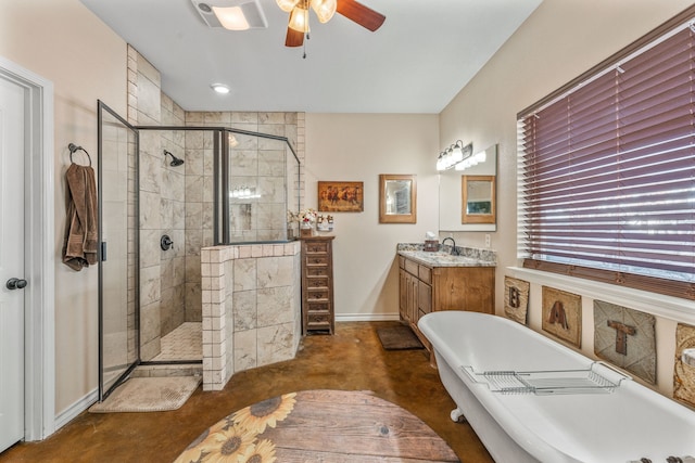 bathroom featuring ceiling fan, vanity, concrete floors, and plus walk in shower