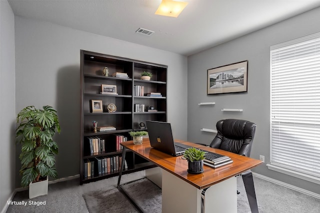 home office with carpet flooring