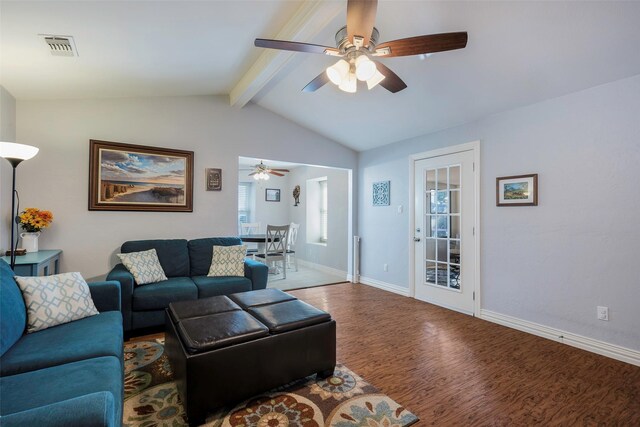 living room with lofted ceiling with beams, hardwood / wood-style floors, and ceiling fan