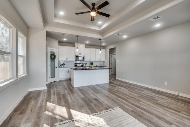 kitchen featuring stainless steel appliances, a tray ceiling, decorative light fixtures, white cabinets, and a center island