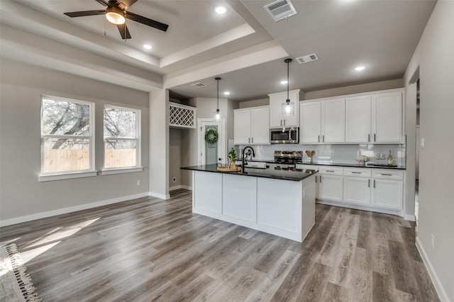 kitchen featuring a kitchen island with sink, a raised ceiling, decorative light fixtures, white cabinetry, and stainless steel appliances