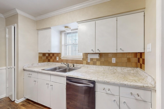 kitchen with tasteful backsplash, white cabinets, sink, dishwasher, and dark hardwood / wood-style floors