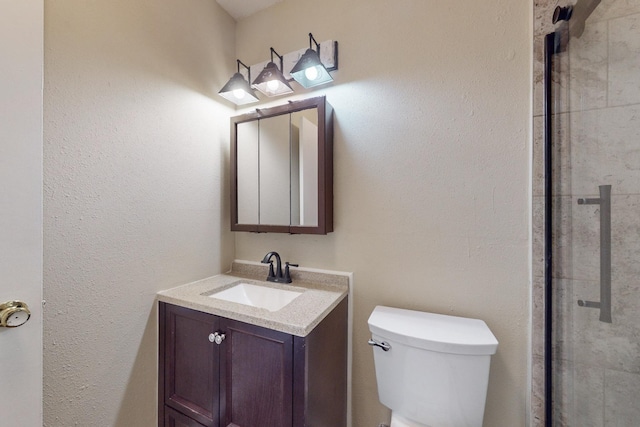 bathroom featuring a shower with door, vanity, and toilet