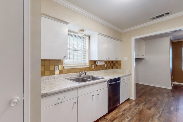 kitchen with white cabinetry, dishwasher, sink, dark hardwood / wood-style floors, and backsplash