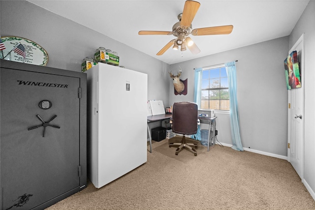 office space with carpet floors and ceiling fan