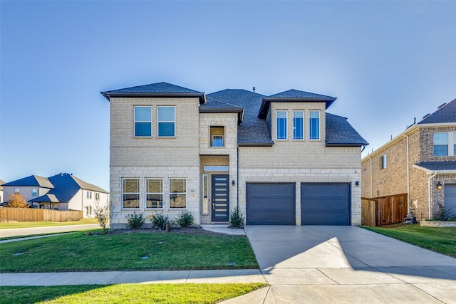 view of front of home with a front lawn and a garage