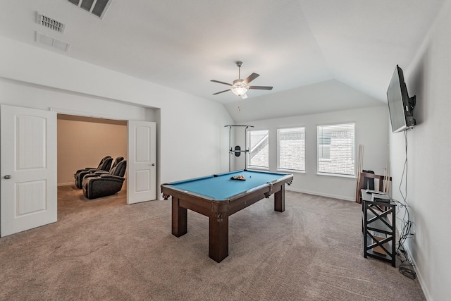 rec room with light colored carpet, ceiling fan, lofted ceiling, and billiards