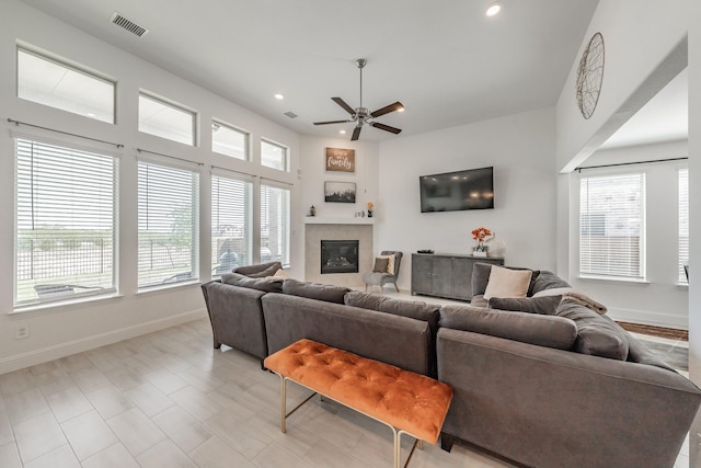 living room featuring ceiling fan