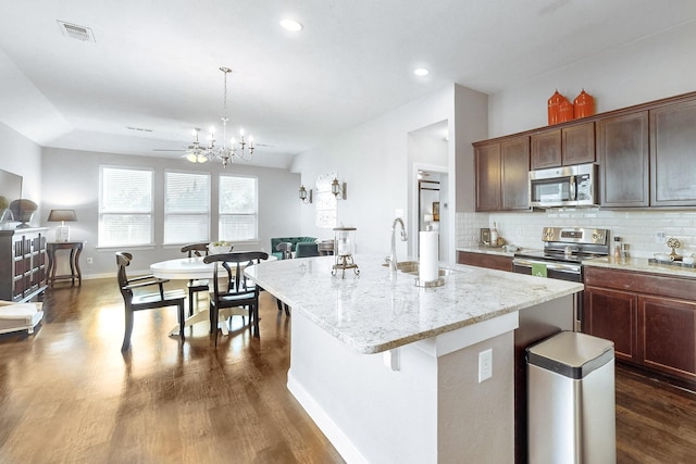 kitchen featuring pendant lighting, sink, decorative backsplash, an island with sink, and appliances with stainless steel finishes