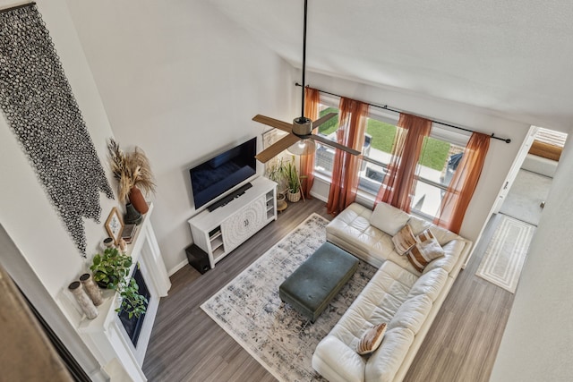 living room with hardwood / wood-style floors and ceiling fan