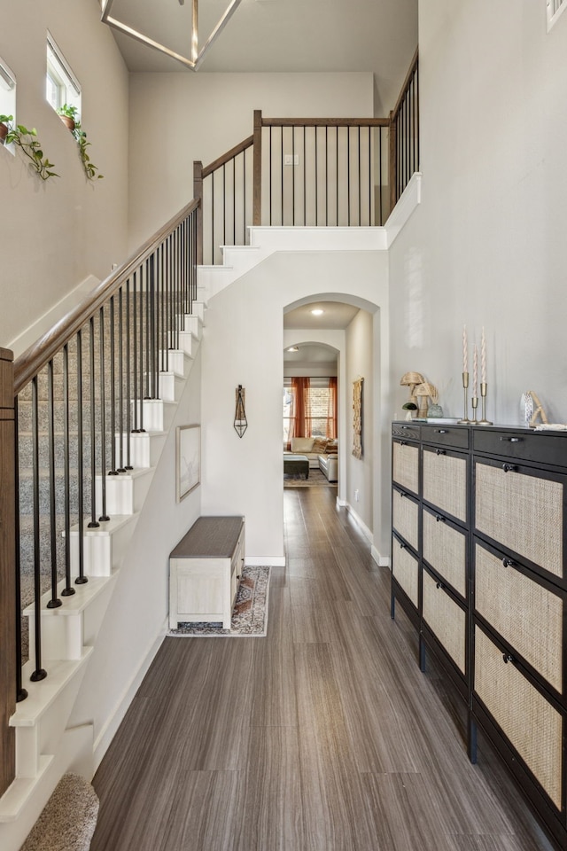 entryway featuring a high ceiling and hardwood / wood-style flooring