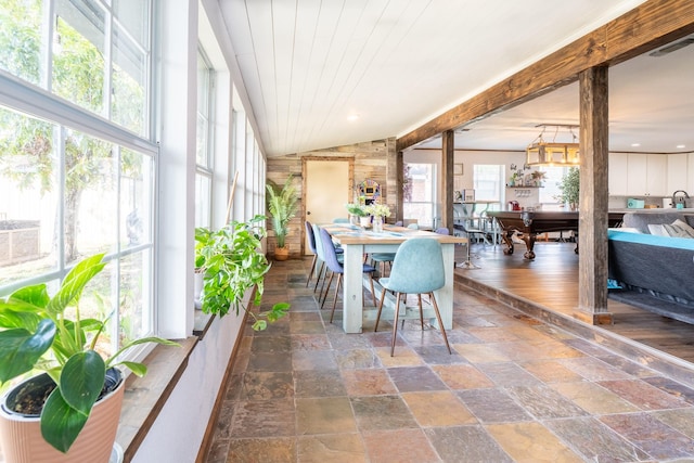 sunroom with wooden ceiling, pool table, and vaulted ceiling