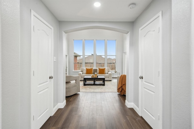 corridor with dark wood-type flooring