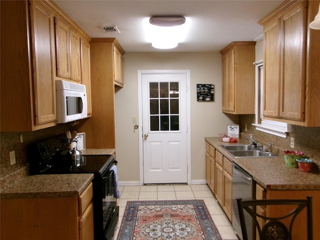 kitchen with backsplash, stainless steel dishwasher, sink, black range with electric stovetop, and light tile patterned flooring