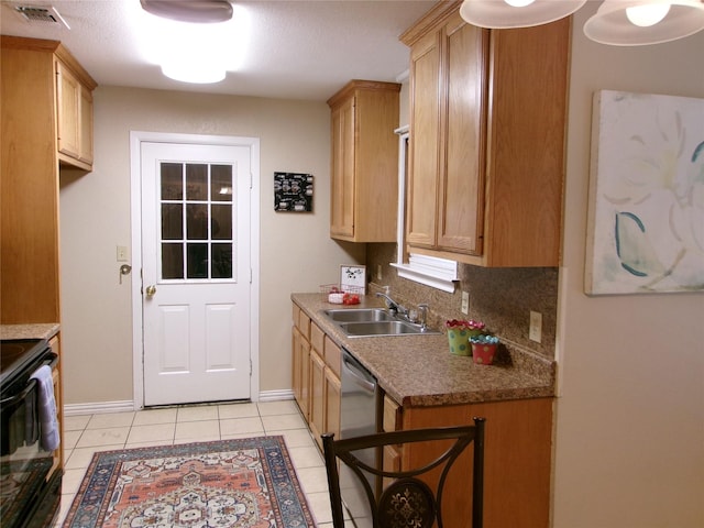 kitchen featuring black stove, sink, tasteful backsplash, stainless steel dishwasher, and light tile patterned floors