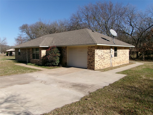 view of property exterior with a yard and a garage