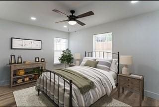 bedroom featuring wood-type flooring and ceiling fan