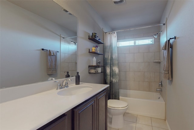 full bathroom with shower / tub combo, vanity, toilet, and tile patterned flooring