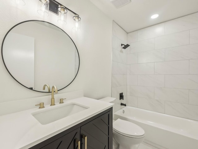 full bathroom with toilet, tub / shower combination, vanity, and visible vents