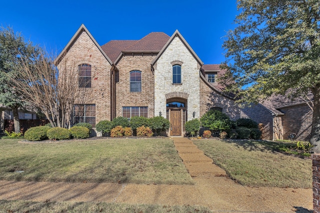 french country inspired facade featuring stone siding, brick siding, and a front yard