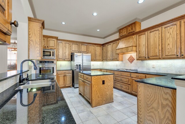 kitchen featuring custom exhaust hood, a center island, backsplash, ornamental molding, and stainless steel appliances