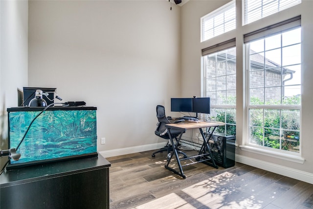 home office with hardwood / wood-style floors