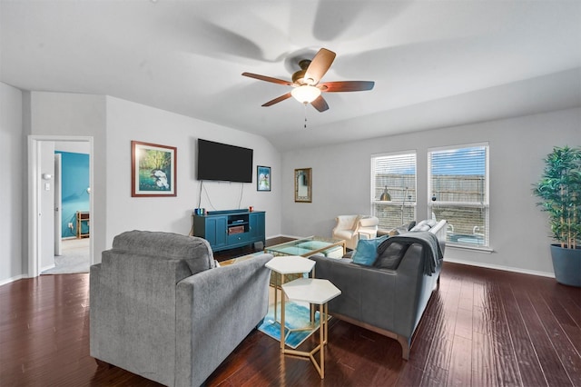 living room with dark hardwood / wood-style flooring, lofted ceiling, and ceiling fan