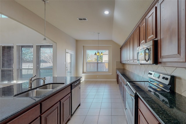 kitchen featuring stainless steel appliances, sink, pendant lighting, a chandelier, and plenty of natural light