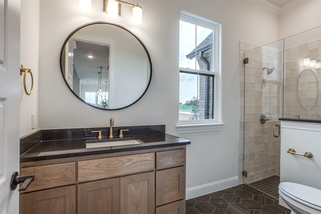 bathroom with tile patterned flooring, toilet, a healthy amount of sunlight, and an enclosed shower