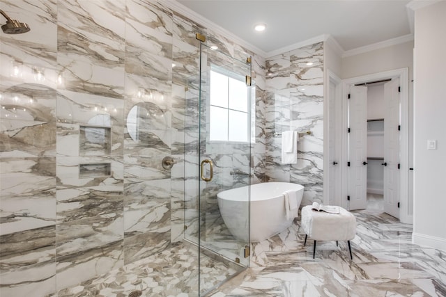 bathroom featuring crown molding and independent shower and bath