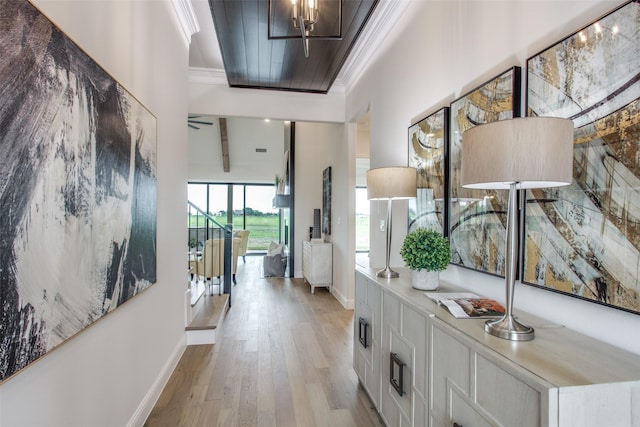 corridor featuring light hardwood / wood-style floors and crown molding