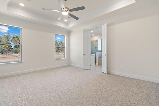 carpeted empty room featuring ceiling fan, a raised ceiling, and crown molding