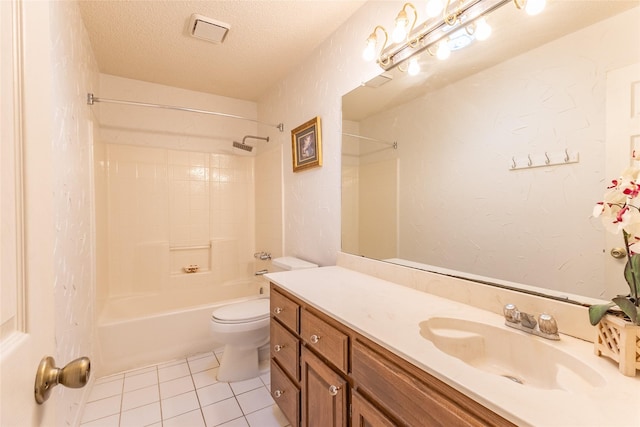 full bathroom featuring tile patterned floors, a textured ceiling, vanity, washtub / shower combination, and toilet