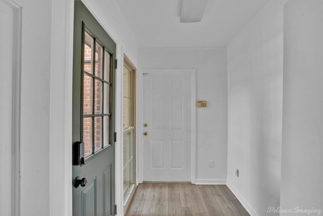 interior space with crown molding and light hardwood / wood-style floors