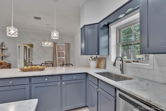 kitchen featuring decorative backsplash, dishwasher, sink, and hanging light fixtures