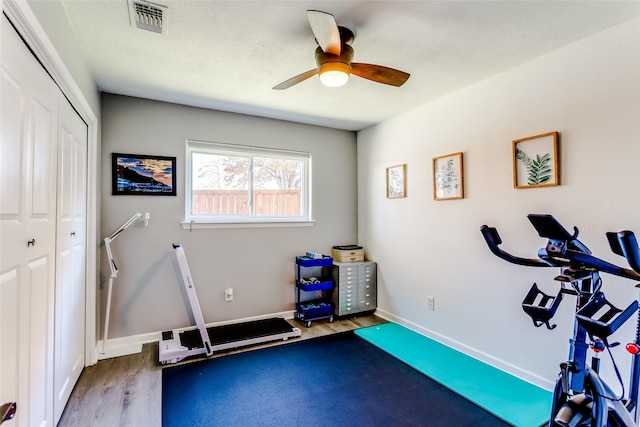 workout room featuring ceiling fan and light hardwood / wood-style floors