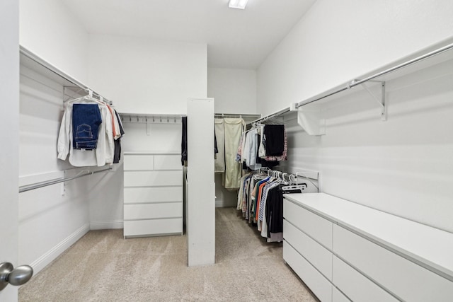 walk in closet featuring light colored carpet