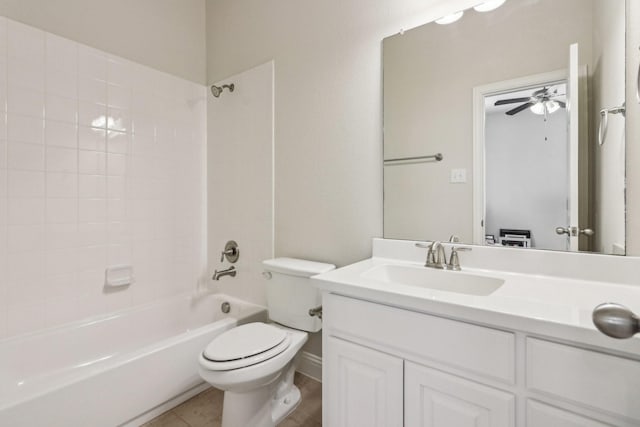 full bathroom featuring ceiling fan, toilet, vanity, and tub / shower combination