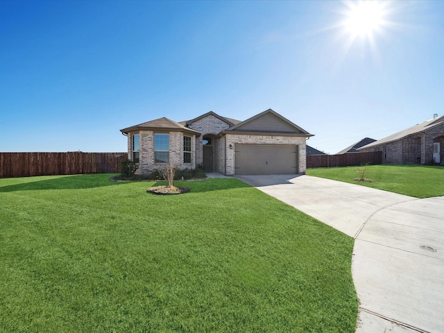 ranch-style house with a front yard and a garage