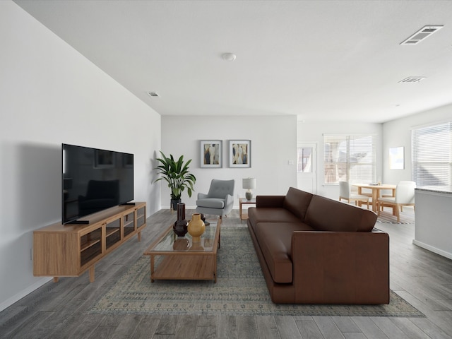 living room with dark wood-type flooring