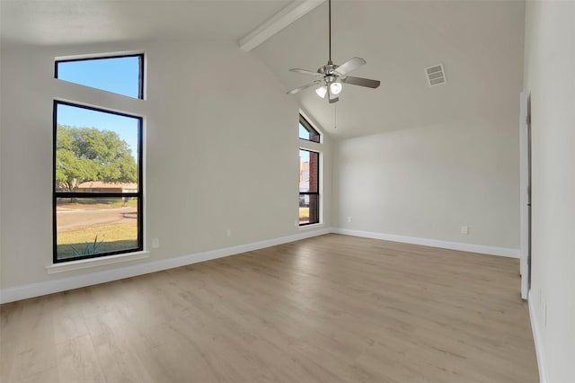 unfurnished room featuring beamed ceiling, light hardwood / wood-style floors, high vaulted ceiling, and ceiling fan