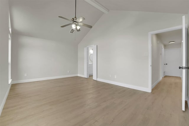 unfurnished room with beam ceiling, light wood-type flooring, high vaulted ceiling, and ceiling fan