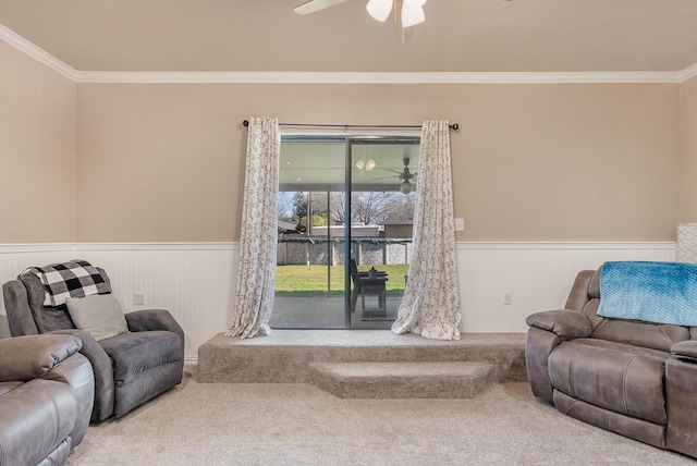 carpeted living room with ornamental molding