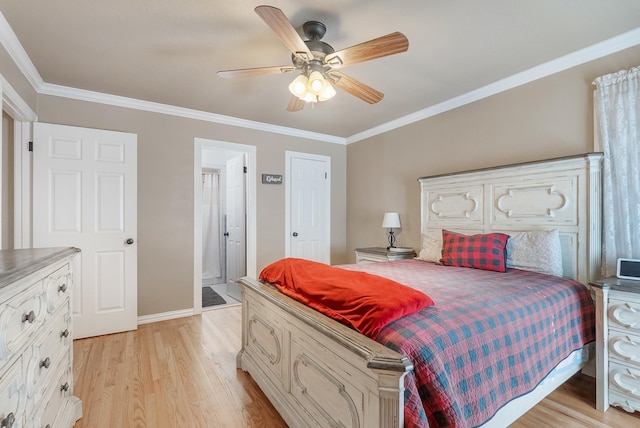 bedroom featuring connected bathroom, ceiling fan, crown molding, and light wood-type flooring