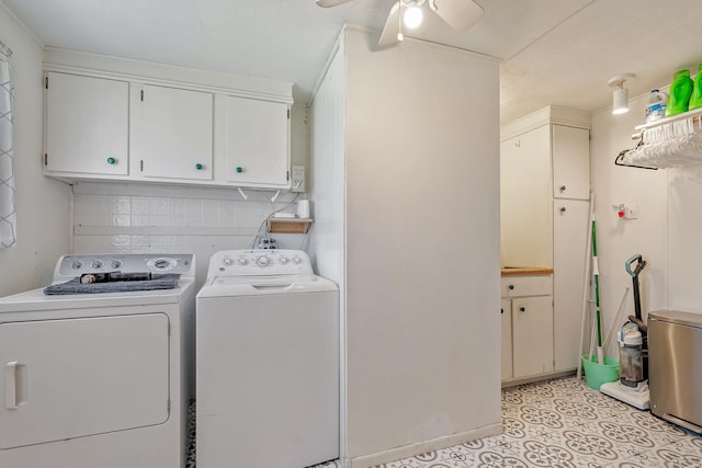 laundry area with washer and dryer, ceiling fan, and cabinets