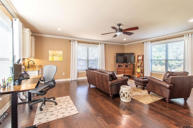 home office with ceiling fan, dark hardwood / wood-style flooring, and ornamental molding